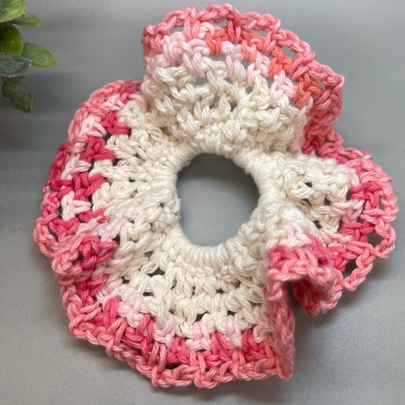 3 for $20 Pink & cream Scrunchies Oversized Crocheted 100% cotton gifts birthday - Picture 3 of 3